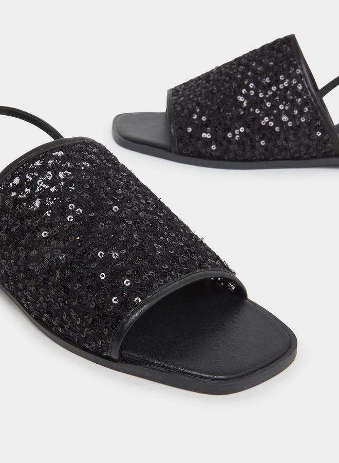 Styli Black Sequin Flat Sandals - Image 3